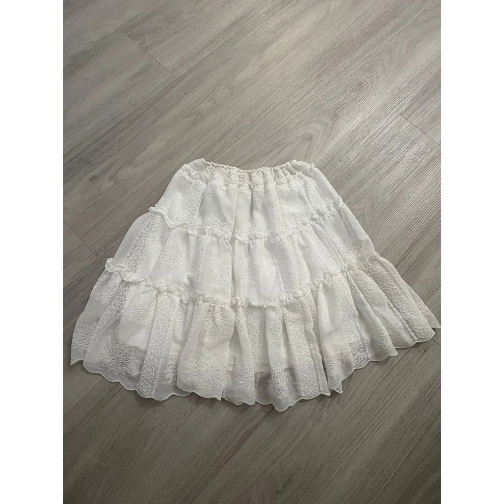 Blu Pepper Mini Skirt Women White Embroidered Tiered Skirt Tassel Drawstring XS